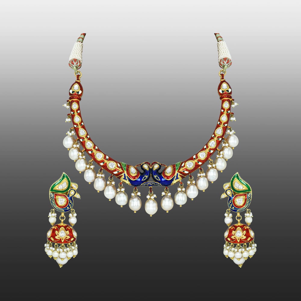 Peacock Motif Enamel Necklace Set with Polki and Pearl Drops